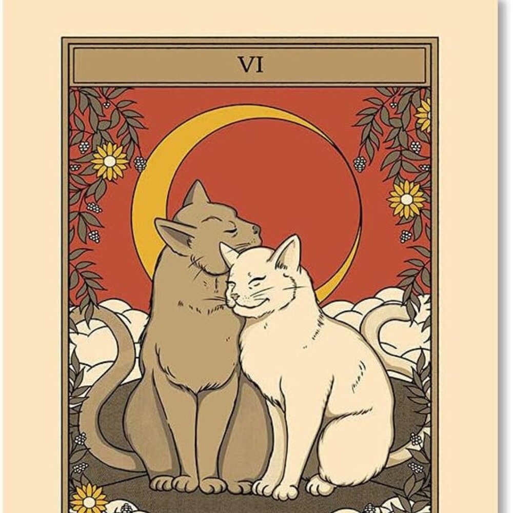 Cat Tarot Tapestry – “The Lovers” Wall Hanging, Mystic Boho Cat Art Decor (33.5